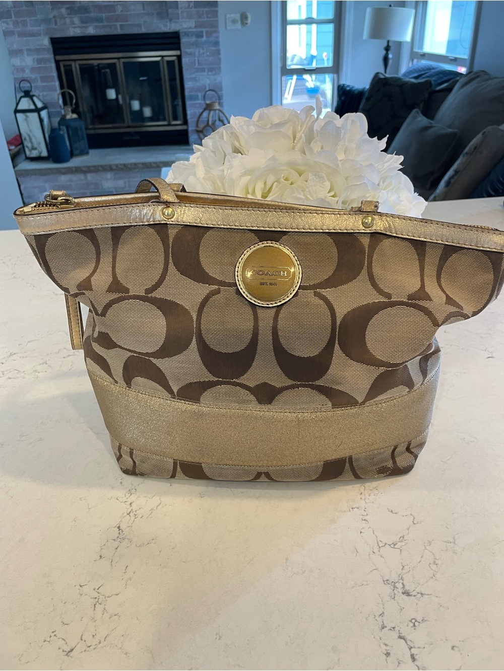 Vintage Coach Signature Tote Bag - Brown and metallic gold Accents G1060-F15112
